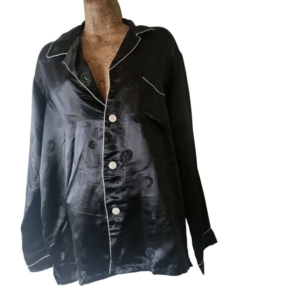 Vtg Black Silk Pajama Shirt With White Piping SIze 46 - Picture 1 of 10